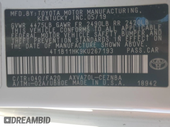 2019 Toyota Camry LE with VIN 4T1B11HK9KU267193, listed as a Copart auction lot 54120105 with Not Provided miles and Clean Title. Bid and sale history available at carsss.com. Image 13.