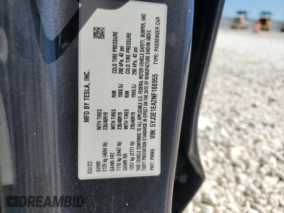 2022 Tesla Model 3 with VIN 5YJ3E1EA2NF188955, listed as a Copart auction lot 47263395 with 119,418 mi miles and Salvage Title. Bid and sale history available at DreamBid. Image 13.
