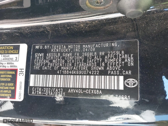 2009 Toyota Camry Hybrid with VIN 4T1BB46K69U074222, listed as a IAAI auction lot 41788100 with 228,781 mi miles. Bid and sale history available at carsss.com. Image 9.