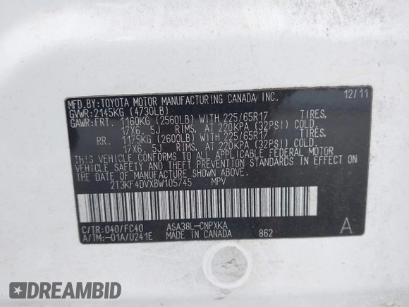 2011 Toyota RAV4 with VIN 2T3KF4DVXBW105745, listed as a IAAI auction lot 42092572 with 217,304 mi miles and . Bid and sale history available at carsss.com. Image 9.