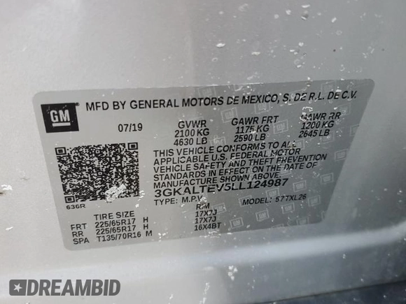 2020 GMC Terrain SLE with VIN 3GKALTEV5LL124987, listed as a Copart auction lot 41757705 with 76,973 mi miles and Salvage Title. Bid and sale history available at DreamBid. Image 13.