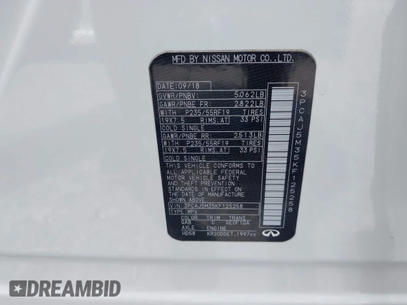 2019 Infiniti QX50 Essential with VIN 3PCAJ5M35KF125258, listed as a IAAI auction lot 42267473 with 53,563 mi miles and . Bid and sale history available at DreamBid. Image 9.