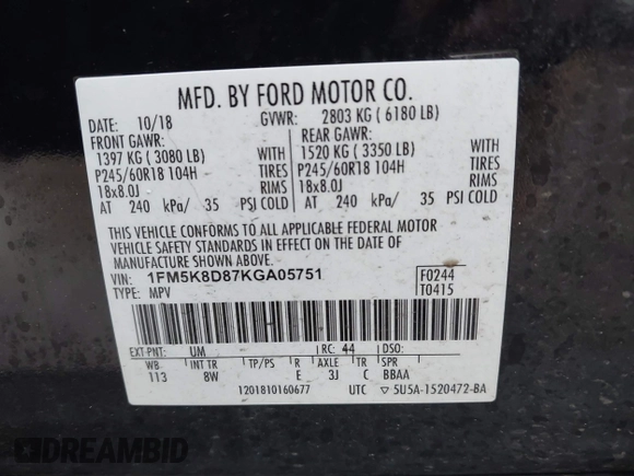 2019 Ford Explorer XLT с VIN 1FM5K8D87KGA05751, выставлен на аукционе IAAI как лот 42222012 с пробегом 72 964 миль миль и . История ставок и продаж доступна на DreamBid. Изображение 9.