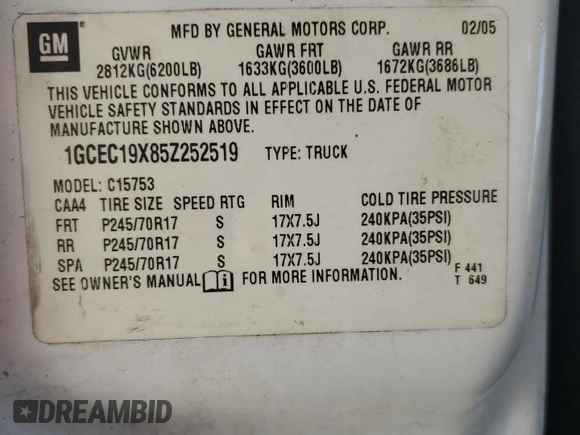 2005 Chevrolet Silverado 1500 Work Truck with VIN 1GCEC19X85Z252519, listed as a Copart auction lot 52890015 with 303,435 mi miles and Salvage Title. Bid and sale history available at DreamBid. Image 12.
