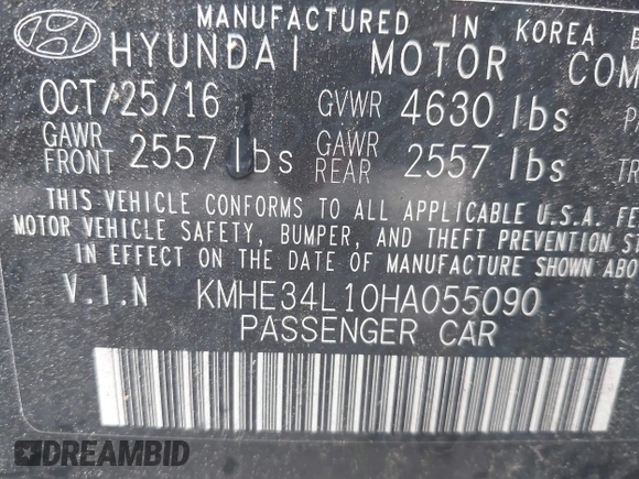 2017 Hyundai Sonata Limited with VIN KMHE34L10HA055090, listed as a IAAI auction lot 42206364 with 110,521 mi miles and . Bid and sale history available at DreamBid. Image 9.