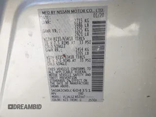 2020 Nissan Pathfinder SL with VIN 5N1DR2CN0LC604351, listed as a IAAI auction lot 41179117 with 80,861 mi miles. Bid and sale history available at carsss.com. Image 9.