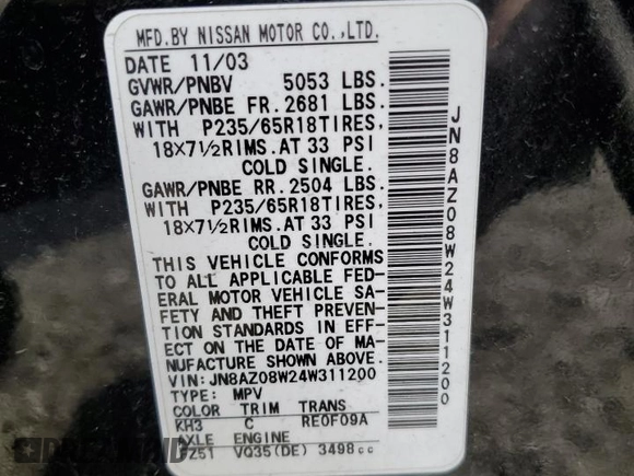 2004 Nissan Murano SE z VIN JN8AZ08W24W311200, wystawiony jako Copart lot #50613815 z przebiegiem 158 239 mil mil oraz Czysty tytuł • Clean title. Historia ofert i sprzedaży dostępna na DreamBid. Obrazek 13.