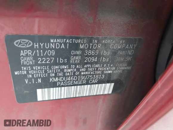 2009 Hyundai Elantra SE with VIN KMHDU46D19U751813, listed as a IAAI auction lot 42161925 with 158,288 mi miles and . Bid and sale history available at DreamBid. Image 9.