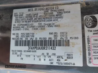 2011 Ford Fusion SEL with VIN 3FAHP0JAXBR211432, listed as a IAAI auction lot 41692412 with 195,623 mi miles. Bid and sale history available at carsss.com. Image 9.