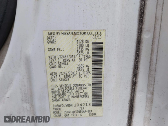 2013 Nissan NV SV with VIN 1N6BF0LY0DN104213, listed as a IAAI auction lot 42254199 with 94,705 mi miles and . Bid and sale history available at DreamBid. Image 9.