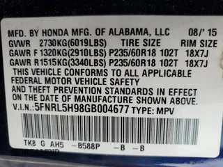 2016 Honda Odyssey Touring Elite with VIN 5FNRL5H98GB004677, listed as a Copart auction lot 59982165 with 119,341 mi miles and Clean title. Bid and sale history available at DreamBid. Image 13.