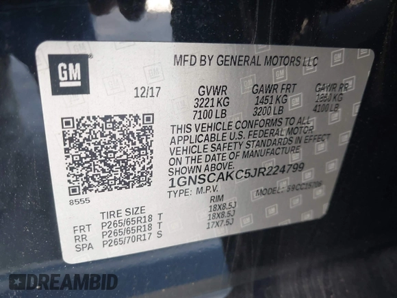 2018 Chevrolet Tahoe LS with VIN 1GNSCAKC5JR224799, listed as a IAAI auction lot 41761362 with 43,016 mi miles and . Bid and sale history available at DreamBid. Image 9.