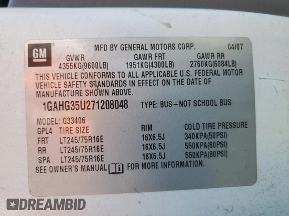 2007 Chevrolet Express Passenger z VIN 1GAHG35U271208048, wystawiony jako Copart lot #62064964 z przebiegiem Nie podano mil oraz Szkoda całkowita • Salvage title. Historia ofert i sprzedaży dostępna na DreamBid. Obrazek 14.