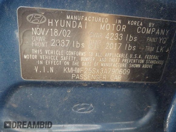 2003 Hyundai Sonata with VIN KMHWF25SX3A790609, listed as a IAAI auction lot 41716098 with 216,240 mi miles. Bid and sale history available at carsss.com. Image 9.
