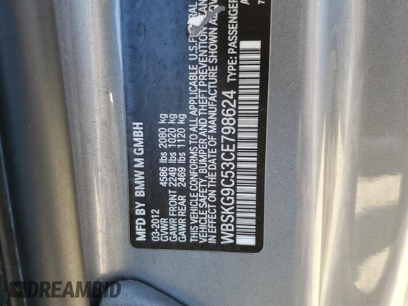 2012 BMW M3 with VIN WBSKG9C53CE798624, listed as a Copart auction lot 56072225 with 126,371 mi miles and Salvage title. Bid and sale history available at DreamBid. Image 12.