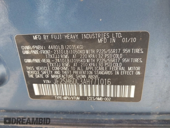 2010 Subaru Forester X Limited with VIN JF2SH6DC3AH771016, listed as a IAAI auction lot 42127515 with 179,131 mi miles and . Bid and sale history available at DreamBid. Image 9.