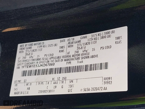 2018 Ford F-150 XL with VIN 1FTEW1E53JKD67060, listed as a IAAI auction lot 41612914 with 86,331 mi miles. Bid and sale history available at carsss.com. Image 9.