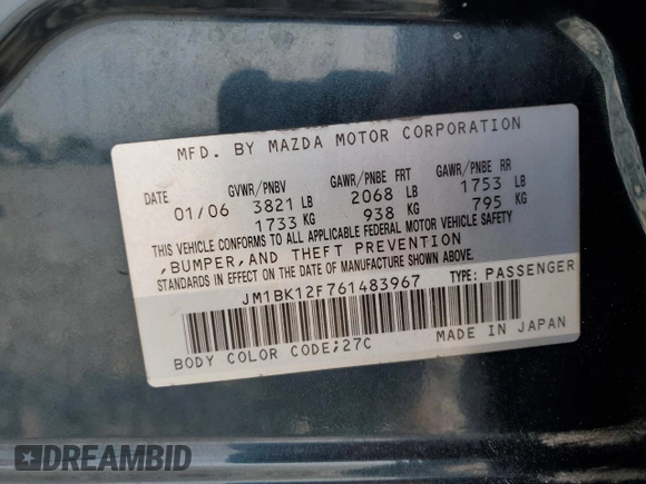 2006 Mazda 3 i with VIN JM1BK12F761483967, listed as a Copart auction lot 54204115 with 60,871 mi miles and Salvage Title. Bid and sale history available at carsss.com. Image 12.