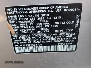 2023 Volkswagen Atlas SE с VIN 1V2JR2CAXPC534706, выставлен на аукционе Copart как лот 86709984 с пробегом 52 085 миль миль и Списание • Salvage title. История ставок и продаж доступна на DreamBid. Изображение 16.