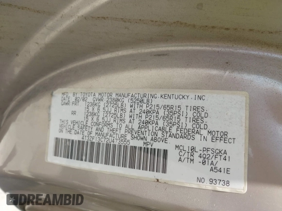 2002 Toyota Sienna LE with VIN 4T3ZF13C72U473555, listed as a IAAI auction lot 42426344 with 330,911 mi miles and . Bid and sale history available at DreamBid. Image 9.