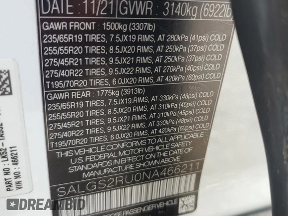 2022 Land Rover Range Rover Westminster z VIN SALGS2RU0NA466211, wystawiony jako Copart lot #60140585 z przebiegiem 43 168 mil mil oraz Czysty tytuł • Clean title. Historia ofert i sprzedaży dostępna na DreamBid. Obrazek 13.