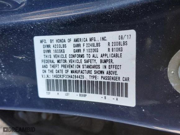 2017 Honda Accord Sedan LX with VIN 1HGCR2F33HA284425, listed as a Copart auction lot 45675925 with 111,832 mi miles and Salvage Title. Bid and sale history available at carsss.com. Image 13.