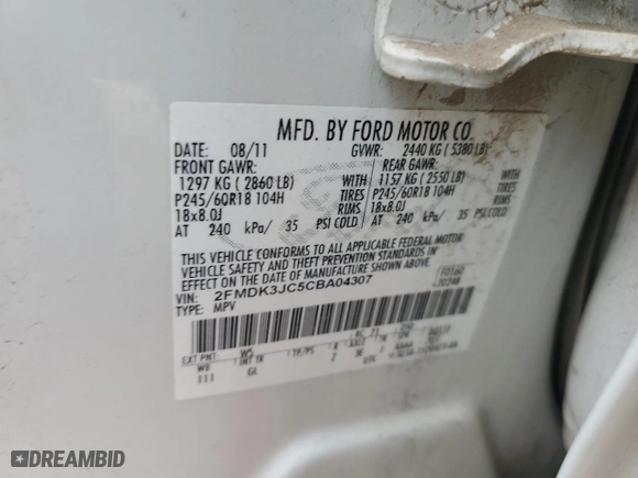 2012 Ford Edge SEL with VIN 2FMDK3JC5CBA04307, listed as a Copart auction lot 86195204 with 187,450 mi miles and Salvage Title. Bid and sale history available at carsss.com. Image 13.