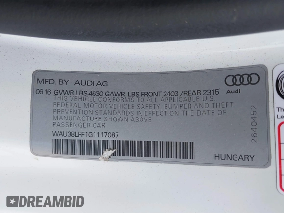 2016 Audi A3 2.0T Premium Plus with VIN WAU38LFF1G1117087, listed as a IAAI auction lot 39132207 with 43,353 mi miles. Bid and sale history available at carsss.com. Image 9.
