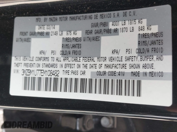 2014 Mazda 3 i Sport with VIN 3MZBM1U77EM108482, listed as a IAAI auction lot 41737005 with 143,689 mi miles and . Bid and sale history available at carsss.com. Image 9.