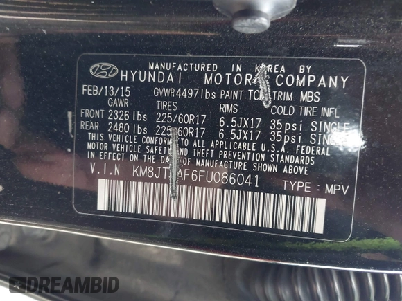 2015 Hyundai Tucson GLS with VIN KM8JT3AF6FU086041, listed as a IAAI auction lot 41521417 with 120,754 mi miles and . Bid and sale history available at DreamBid. Image 9.
