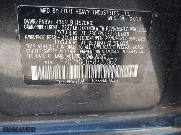 2014 Subaru XV Crosstrek Limited with VIN JF2GPAGC6E8320062, listed as a IAAI auction lot 41291500 with 102,349 mi miles. Bid and sale history available at carsss.com. Image 9.