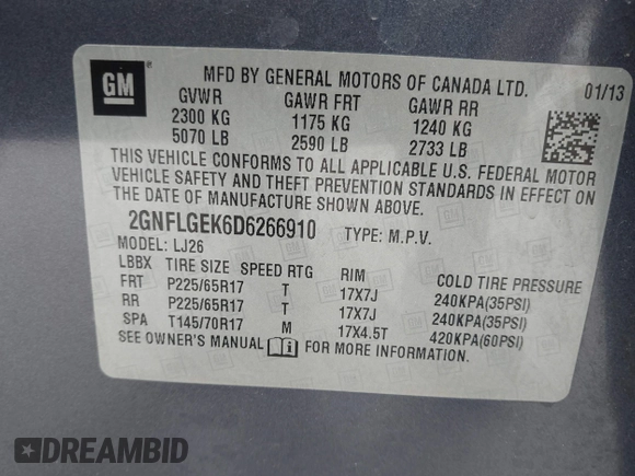 2013 Chevrolet Equinox LTZ with VIN 2GNFLGEK6D6266910, listed as a IAAI auction lot 42064679 with 106,585 mi miles and . Bid and sale history available at DreamBid. Image 9.