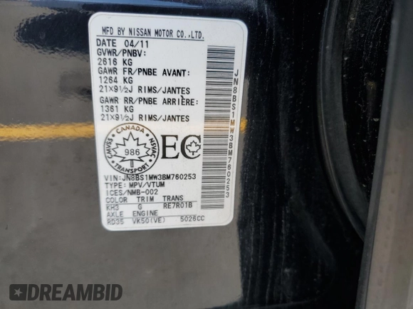 2011 Infiniti FX with VIN JN8BS1MW3BM760253, listed as a Copart auction lot 62412525 with Not provided miles and Salvage title. Bid and sale history available at DreamBid. Image 13.