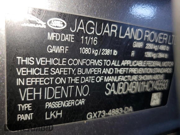 2017 Jaguar XF 20d Premium with VIN SAJBD4BN1HCY45593, listed as a Copart auction lot 67972354 with 55,710 mi miles and Salvage Title. Bid and sale history available at carsss.com. Image 12.