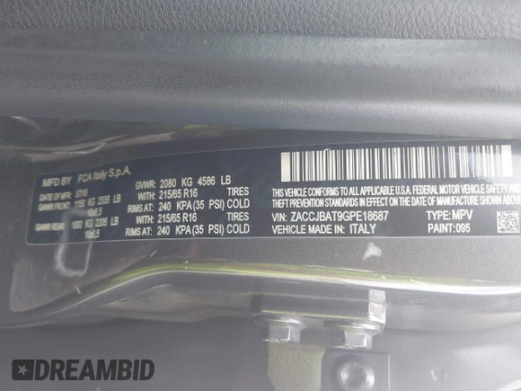 2016 Jeep Renegade Sport with VIN ZACCJBAT9GPE18687, listed as a IAAI auction lot 40388867 with 94,977 mi miles and . Bid and sale history available at DreamBid. Image 9.