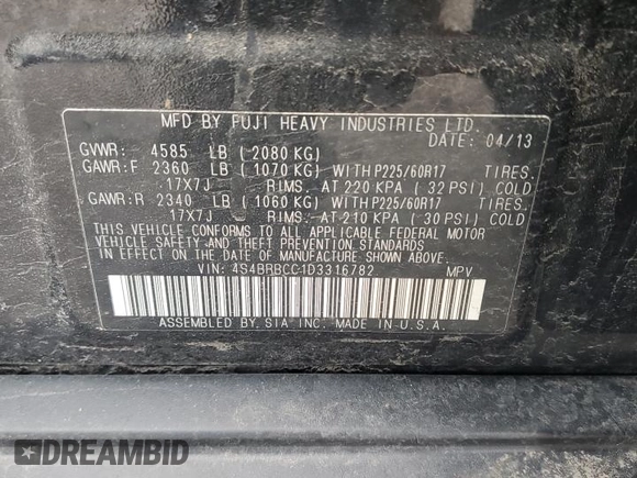 2013 Subaru Outback Premium with VIN 4S4BRBCC1D3316782, listed as a Copart auction lot 46825925 with 180,224 mi miles and Salvage Title. Bid and sale history available at carsss.com. Image 13.
