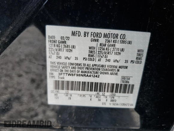 2022 Ford Maverick XL z VIN 3FTTW8F98NRA41242, wystawiony jako Copart lot #53742525 z przebiegiem 46 056 mil mil oraz Szkoda całkowita • Salvage title. Historia ofert i sprzedaży dostępna na DreamBid. Obrazek 12.