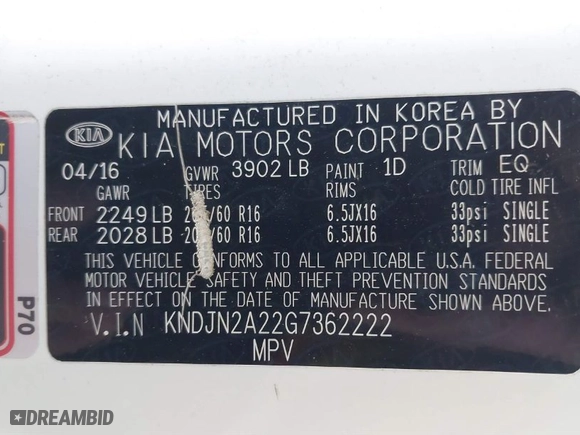 2016 Kia Soul with VIN KNDJN2A22G7362222, listed as a IAAI auction lot 41768610 with NaN miles. Bid and sale history available at carsss.com. Image 9.