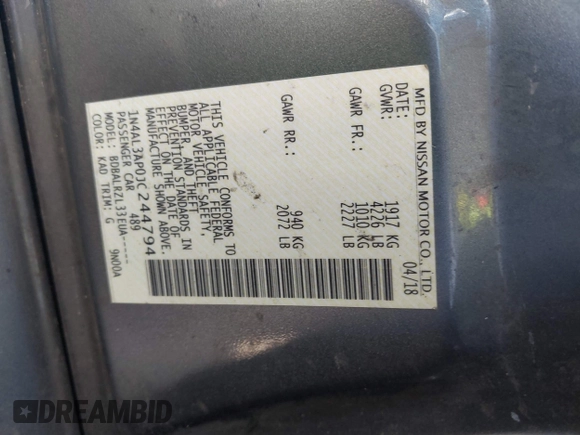 2018 Nissan Altima SR with VIN 1N4AL3AP0JC244794, listed as a IAAI auction lot 41677399 with 185,216 mi miles and . Bid and sale history available at DreamBid. Image 9.