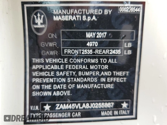 2018 Maserati GranTurismo Sport z VIN ZAM45VLA8J0255867, wystawiony jako Copart lot #52229424 z przebiegiem 54 288 mil mil oraz Szkoda całkowita • Salvage title. Historia ofert i sprzedaży dostępna na DreamBid. Obrazek 12.