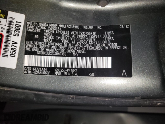 2012 Toyota Sienna XLE с VIN 5TDDK3DC3CS040365, выставлен на аукционе Copart как лот 63818815 с пробегом Не указан миль и Списание • Salvage title. История ставок и продаж доступна на DreamBid. Изображение 13.