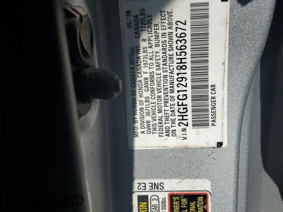 2008 Honda Civic Cpe EX-L with VIN 2HGFG12918H563672, listed as a Copart auction lot 51579475 with 184,584 mi miles and Salvage Title. Bid and sale history available at carsss.com. Image 14.