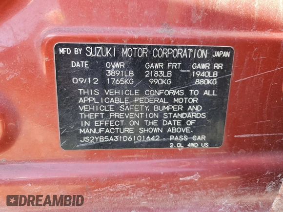 2013 Suzuki SX4 Crossover with VIN JS2YB5A31D6101642, listed as a Copart auction lot 45537225 with 137,409 mi miles and Salvage Title. Bid and sale history available at carsss.com. Image 12.