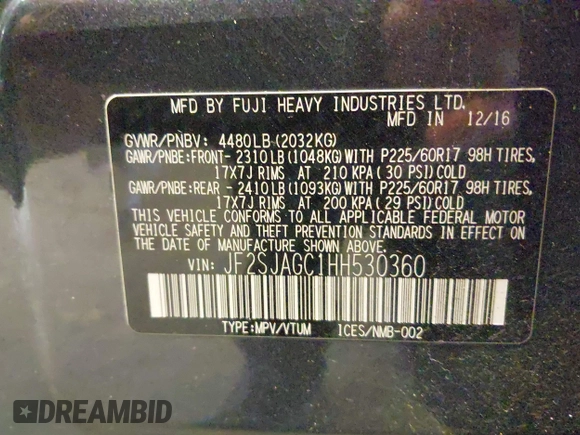 2017 Subaru Forester Premium with VIN JF2SJAGC1HH530360, listed as a IAAI auction lot 40748356 with 107,926 mi miles. Bid and sale history available at carsss.com. Image 9.