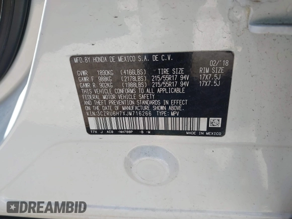 2018 Honda HR-V EX-L Navi with VIN 3CZRU6H7XJM716266, listed as a IAAI auction lot 41978420 with 92,510 mi miles. Bid and sale history available at carsss.com. Image 9.