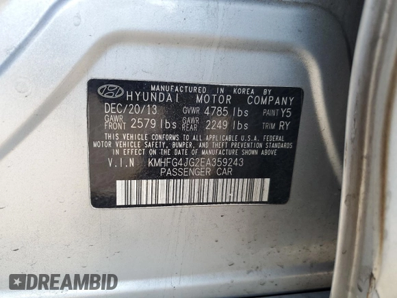 2014 Hyundai Azera with VIN KMHFG4JG2EA359243, listed as a Copart auction lot 87124854 with 256,755 mi miles and Clean title. Bid and sale history available at DreamBid. Image 12.