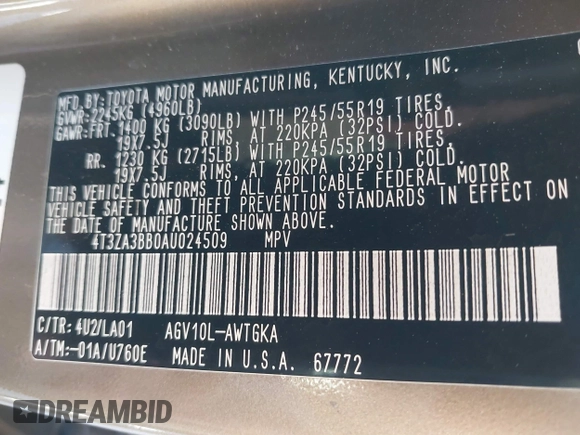 2010 Toyota Venza with VIN 4T3ZA3BB0AU024509, listed as a IAAI auction lot 41891026 with 123,856 mi miles and . Bid and sale history available at DreamBid. Image 9.