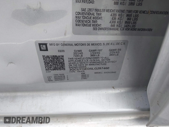 2020 Chevrolet Silverado 1500 LTZ with VIN 3GCUYGED5LG297460, listed as a IAAI auction lot 41851940 with Not Provided miles and . Bid and sale history available at DreamBid. Image 9.