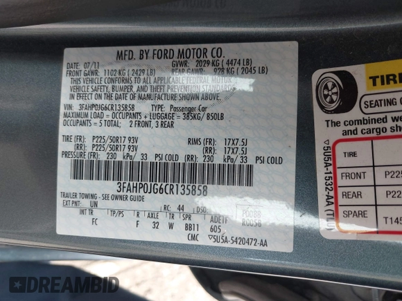 2012 Ford Fusion SEL with VIN 3FAHP0JG6CR135858, listed as a IAAI auction lot 40562774 with 16,912 mi miles. Bid and sale history available at carsss.com. Image 9.