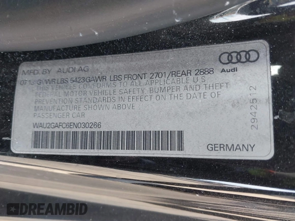 2014 Audi A7 3.0 Prestige with VIN WAU2GAFC6EN030266, listed as a IAAI auction lot 41439486 with 160,917 mi miles. Bid and sale history available at carsss.com. Image 9.